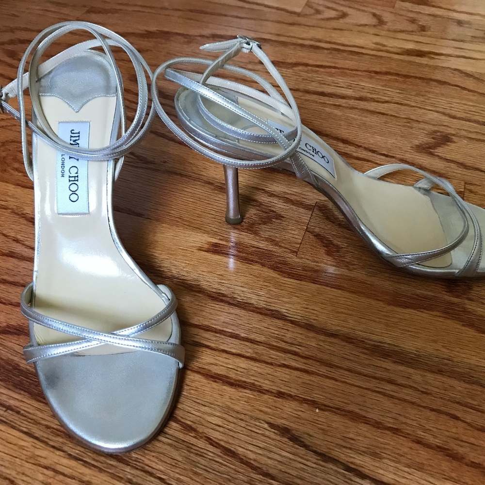 Jimmy Choo Silver Strappy Ankle Wrap Sandals 39.5
